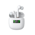 Black Bluetooth headset sports earbuds with earplug style and power display on charging case