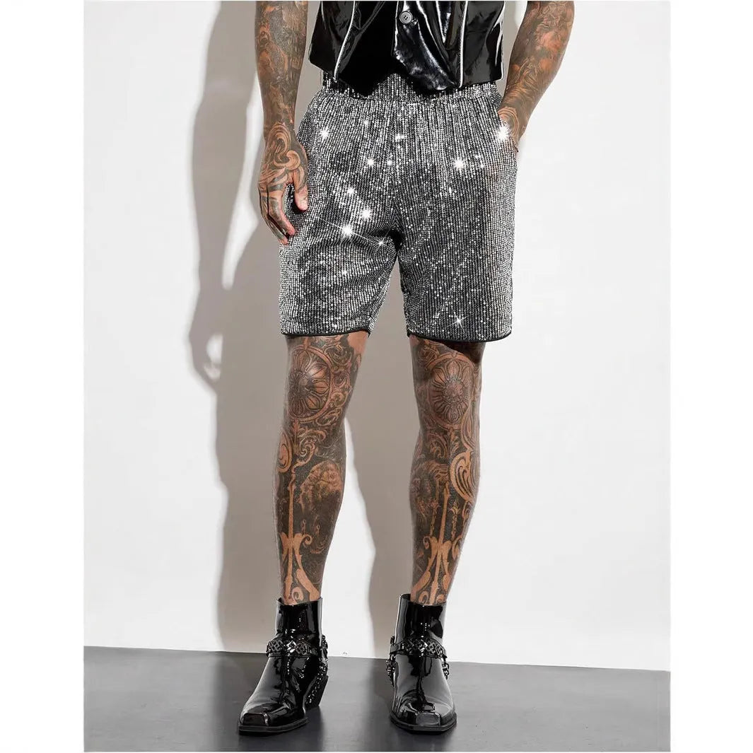 Men's straight-leg shorts with shiny sequins in silver or black, showing elastic waistband.