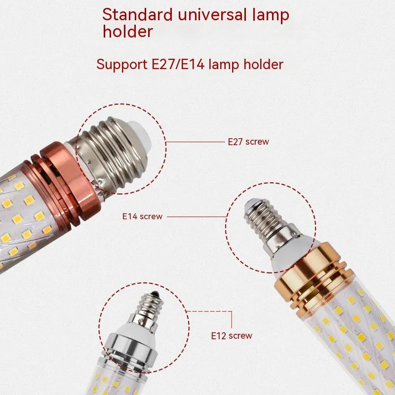 E14 screw base 12W LED corn light bulb with three colour temperature options shown.