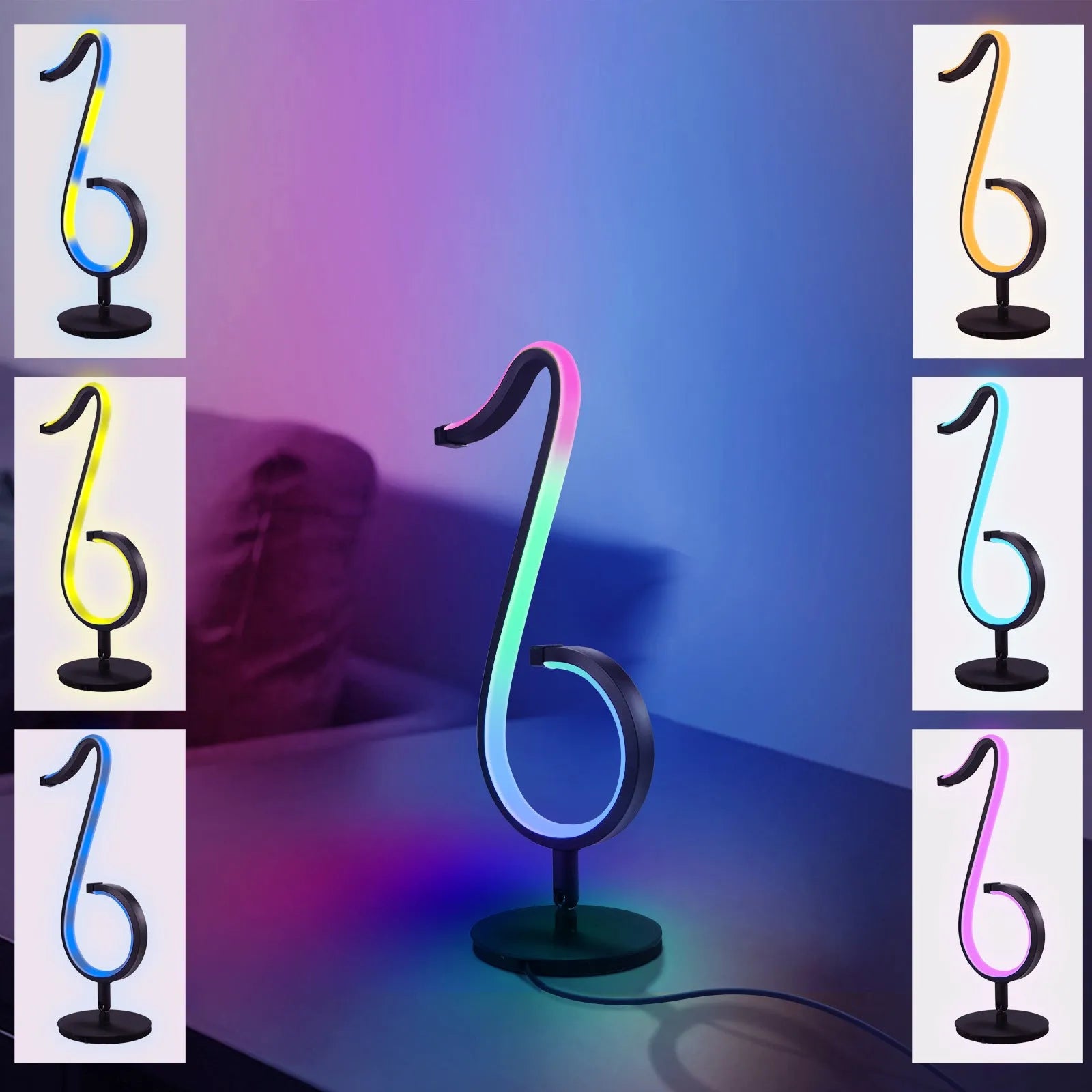 Black smart APP-controlled LED atmosphere light with 180-degree rotation on a desktop.