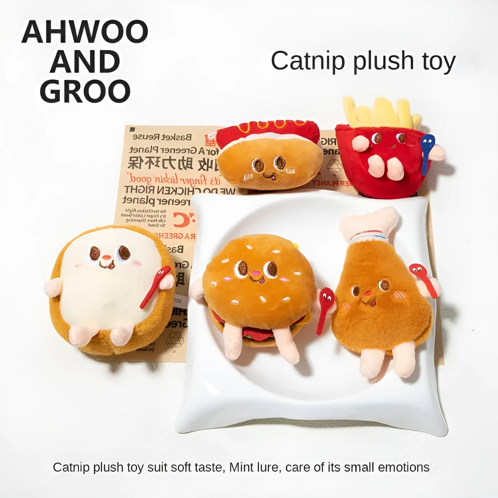 Five cat teething toys shaped like hamburger, chicken leg, fries, hot dog and bread on white background