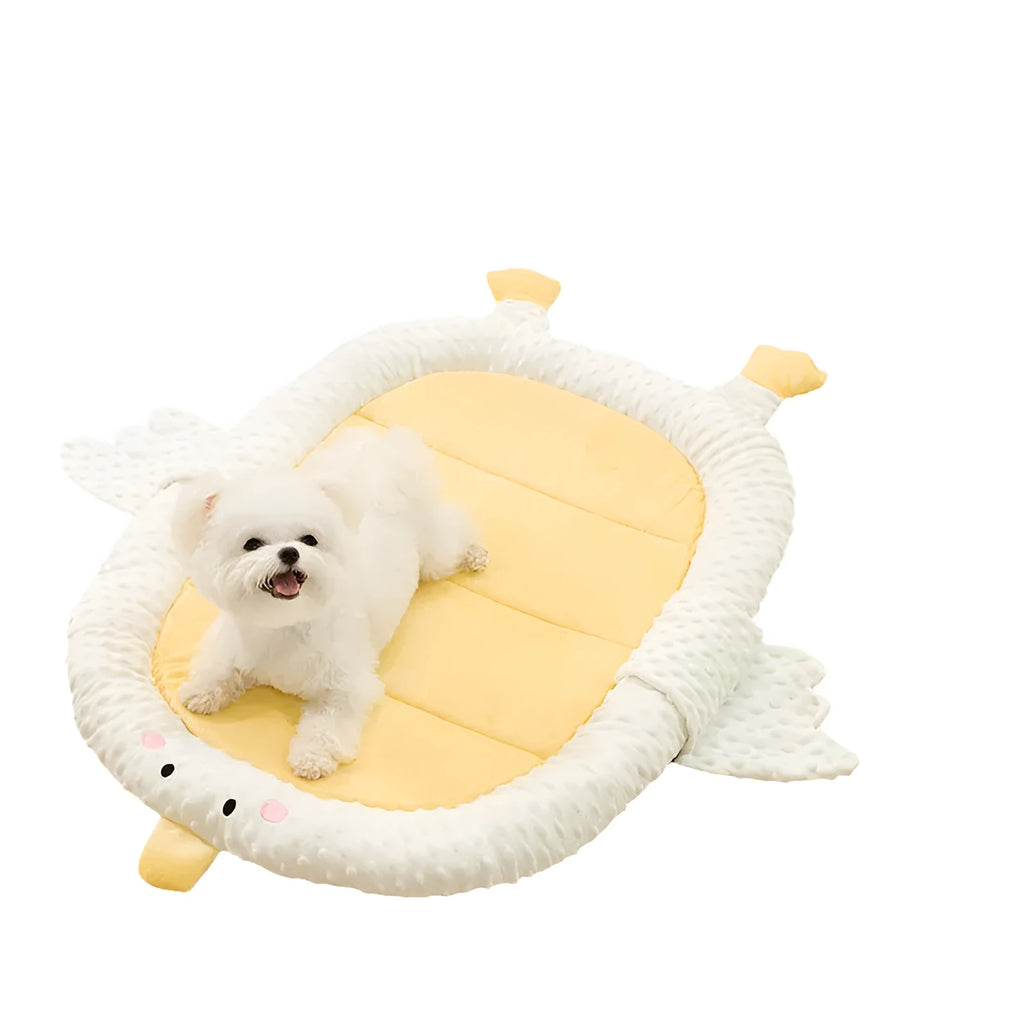 Bedsure grey orthopedic dog sofa bed with removable fleece cover on a wooden floor