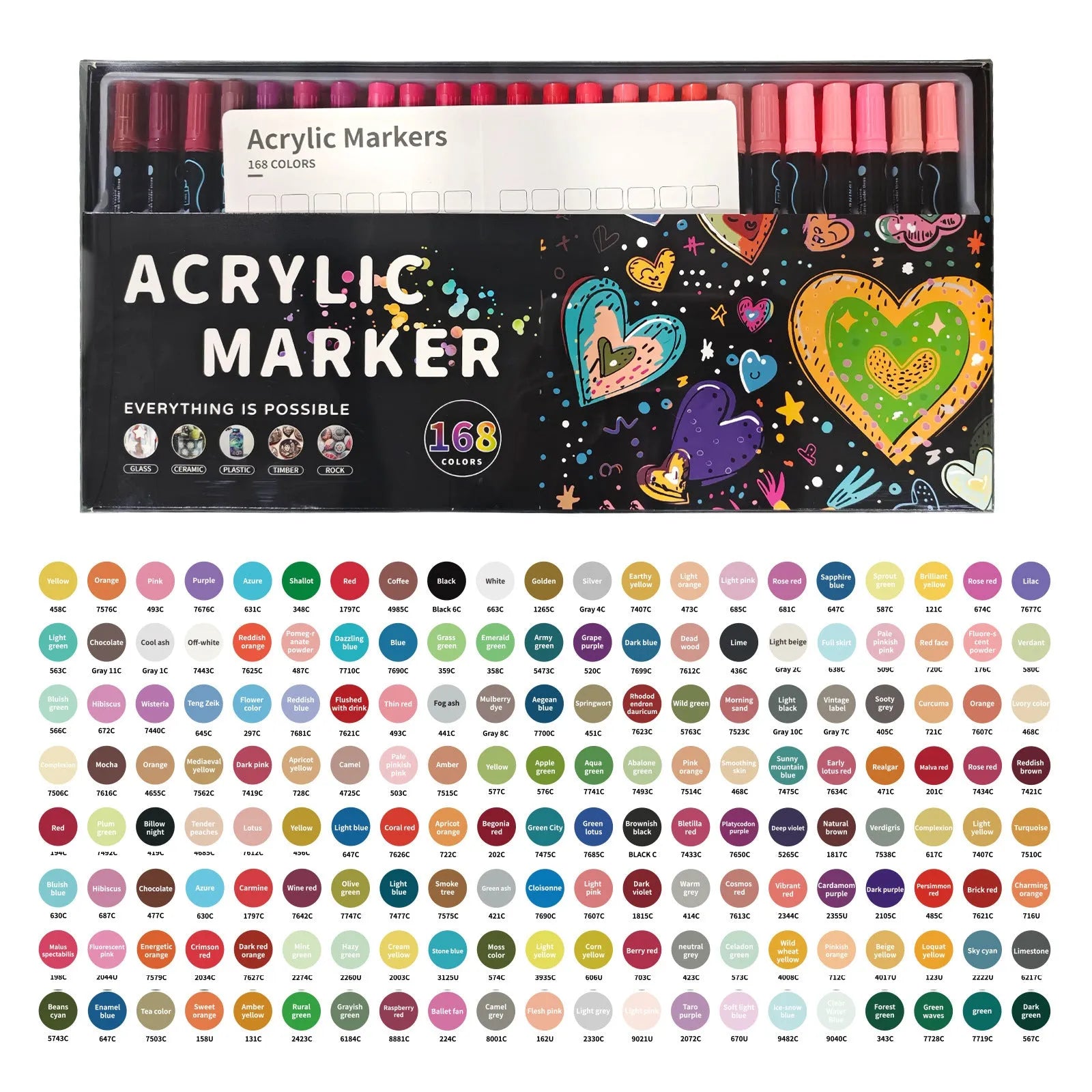 Set of household stackable dual-tip acrylic markers in multiple colours with caps on