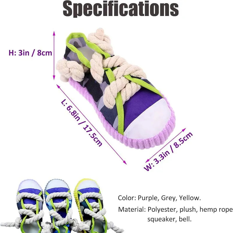 Grey and white dog toy slipper with black laces, blue sole, and a bell on the side