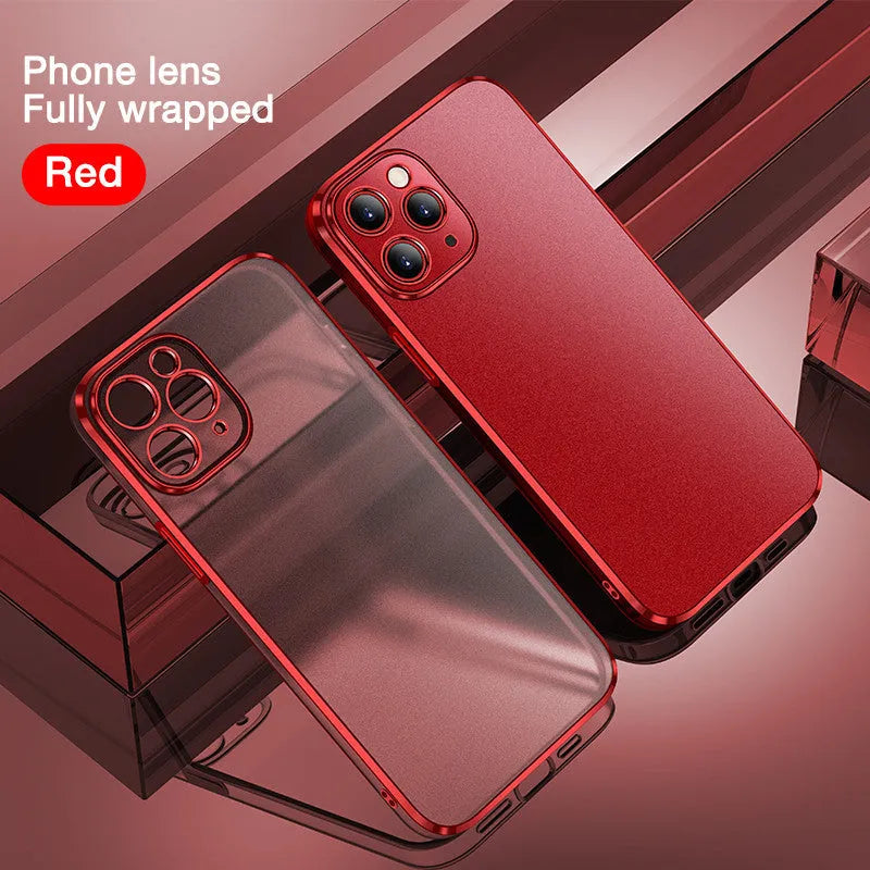 Frosted solid colour TPU soft shell mobile phone case for Apple iPhone 12 models on a table.