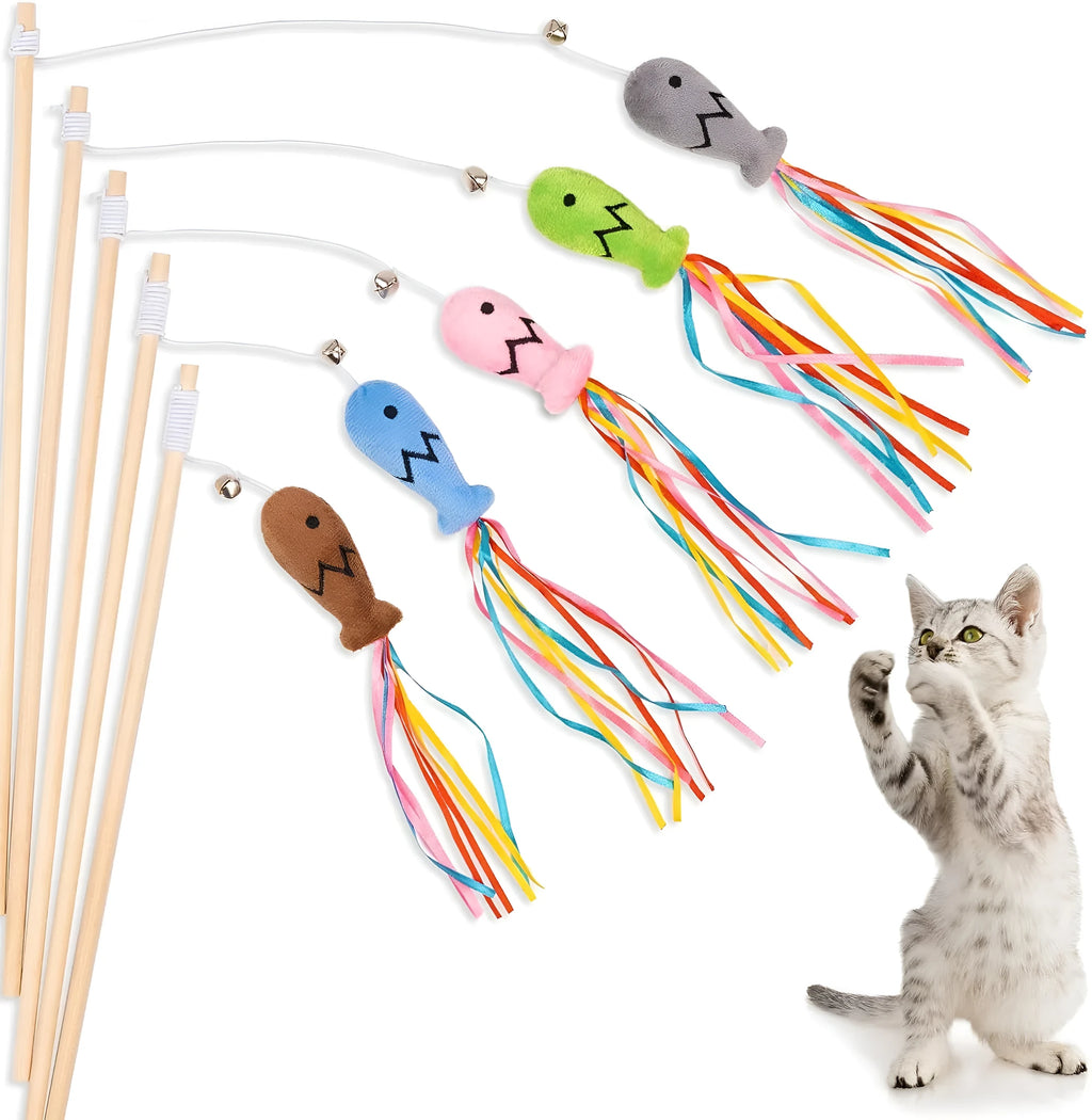 Wooden-handle cat wand toy with colourful ribbons, catnip fish, and bell for interactive indoor play