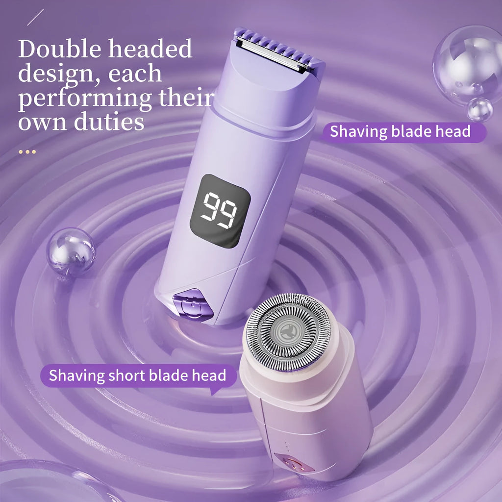 USB rechargeable women's hair removal shaver with digital display in gradient purple colour.