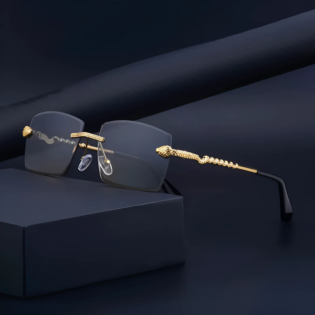 Men's rimless sunglasses with golden tea wood grain bag frame and PC lenses