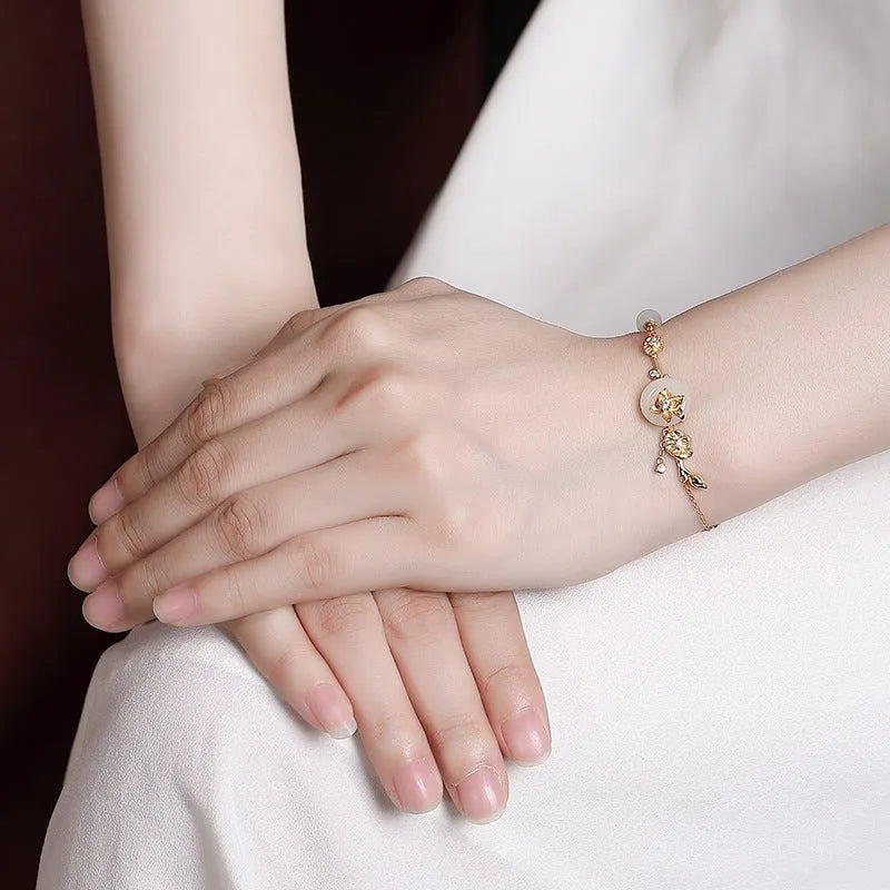 Women's 925 silver peace buckle bracelet with Hetian jade lotus inlay in retro style