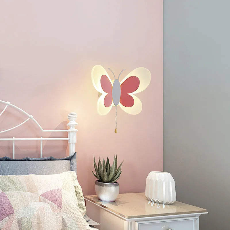 Butterfly-shaped acrylic children's wall lamp in pink and white, 240x170x105mm, with tri colour dimming option