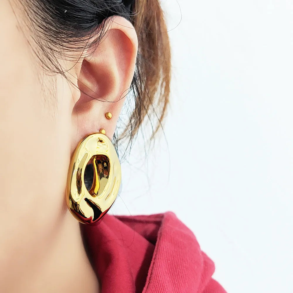 Retro metal geometric irregular ring ear studs in gold and silver for women
