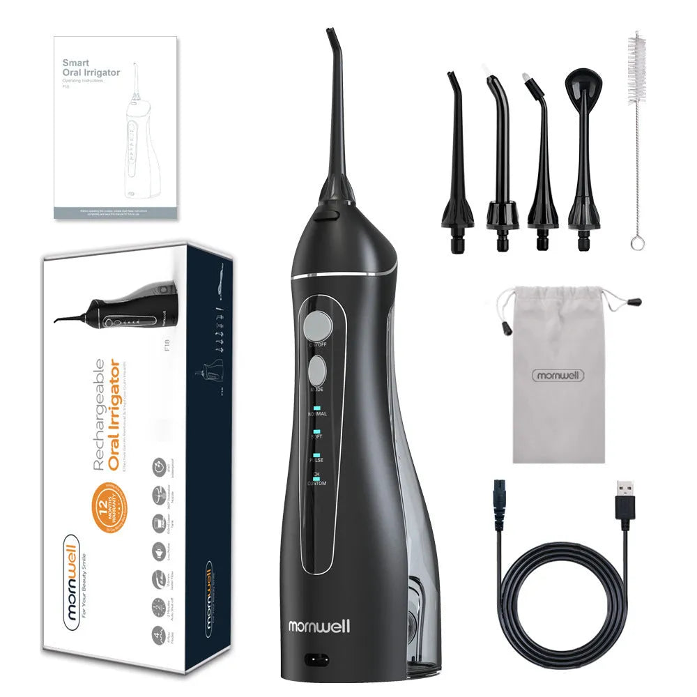Black portable oral irrigator water flosser with water tank and nozzle for dental cleaning