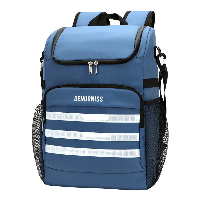 Cloth backpack with integrated bottle opener on shoulder strap, shown in available colours.