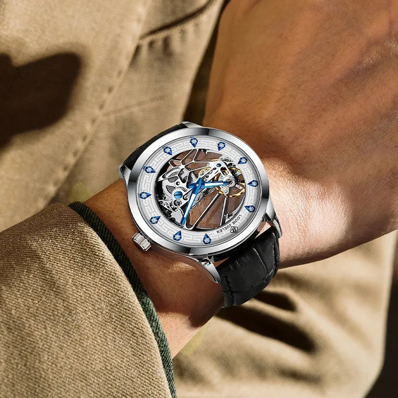 Men's silver stainless steel waterproof mechanical watch with luminous hands on a black genuine leather strap.