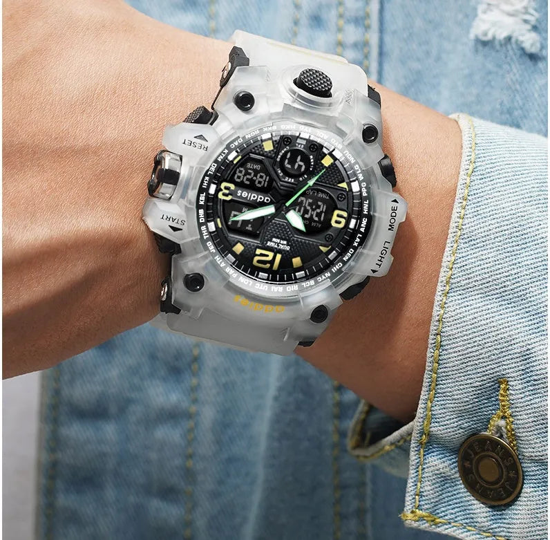 Men's black and red electronic sports watch with analogue hands and digital display, showing 50m waterproof rating on dial