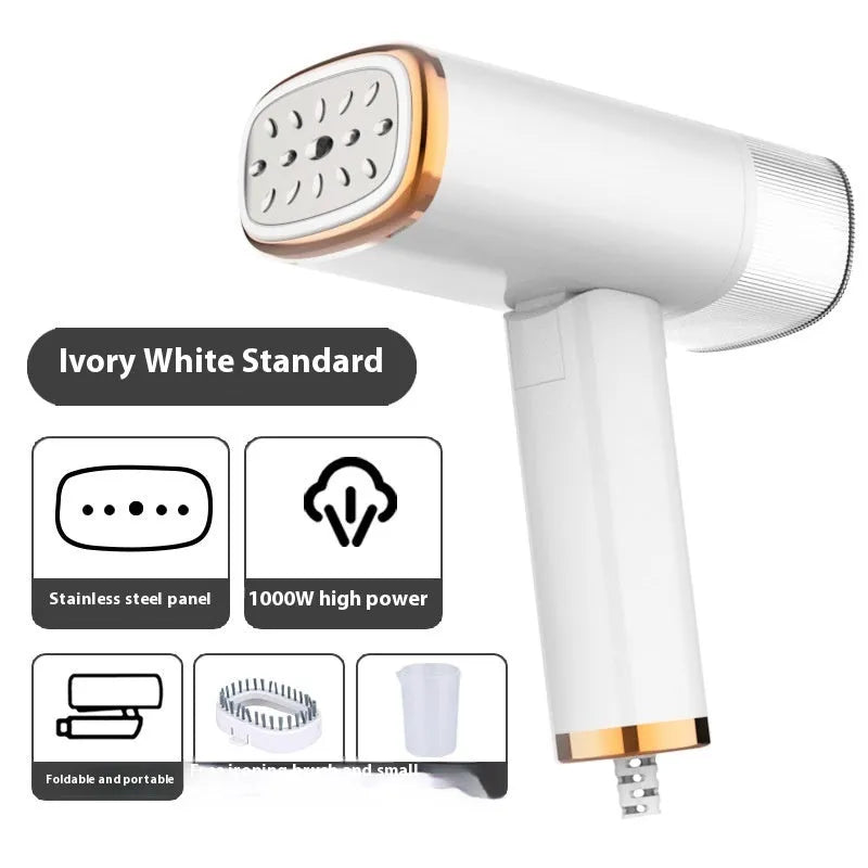 Portable handheld garment steamer in white foldable design with non-stick liner and UK plug