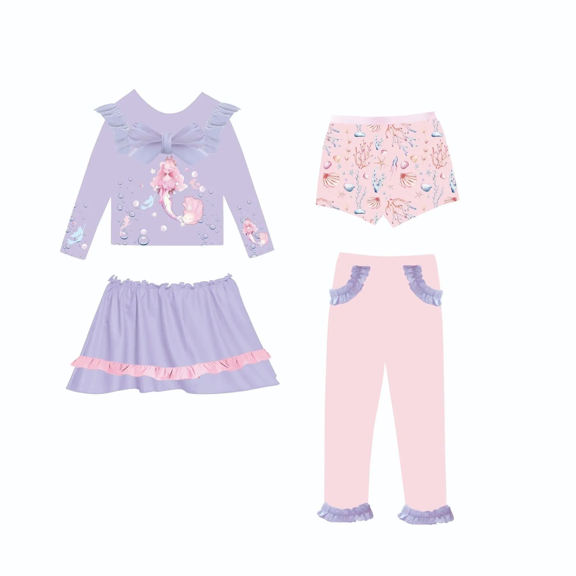 Girl's gilded colour mermaid swimsuit set with top, skirt, trousers and shorts