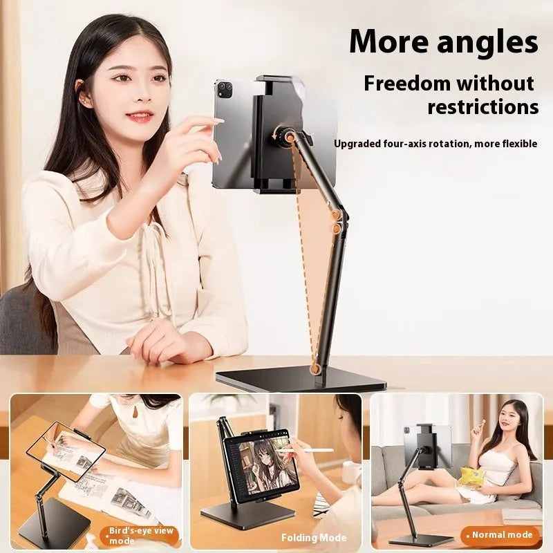 Square double arm alloy desktop bracket holding a mobile phone, with universal adjustment for devices 4-12.9 inches.