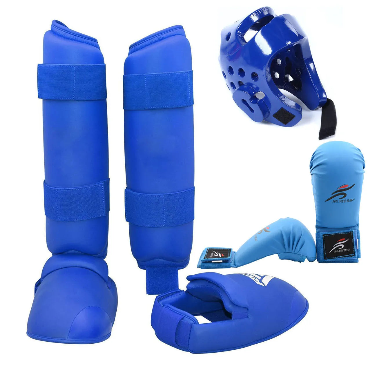Karate taekwondo protective gear set including leg guard, helmet and boxing gloves in red PU material