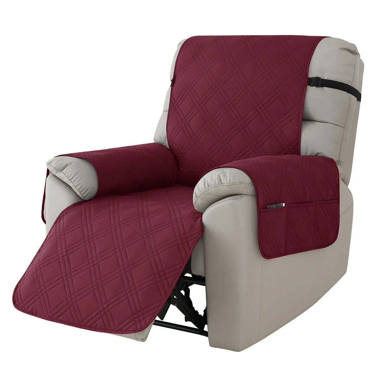 Quilted burgundy waterproof cover fitted on a Chivas massage chair sofa cushion.