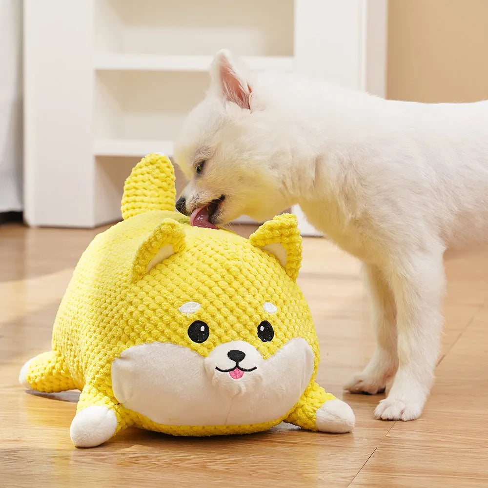 Plush dog calming toy with squeaker for puppy teeth cleaning in medium or large size