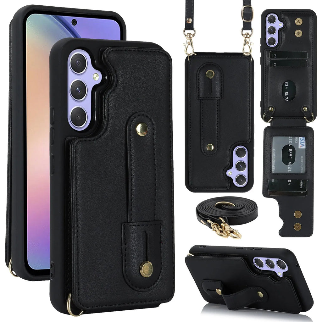 Samsung A54 5G leather phone case with matching lanyard in black, brown, purple, rose gold, wine red colours