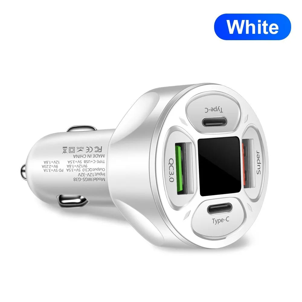 66W digital display car charger with 2USB and 2Type-C ports for fast charging