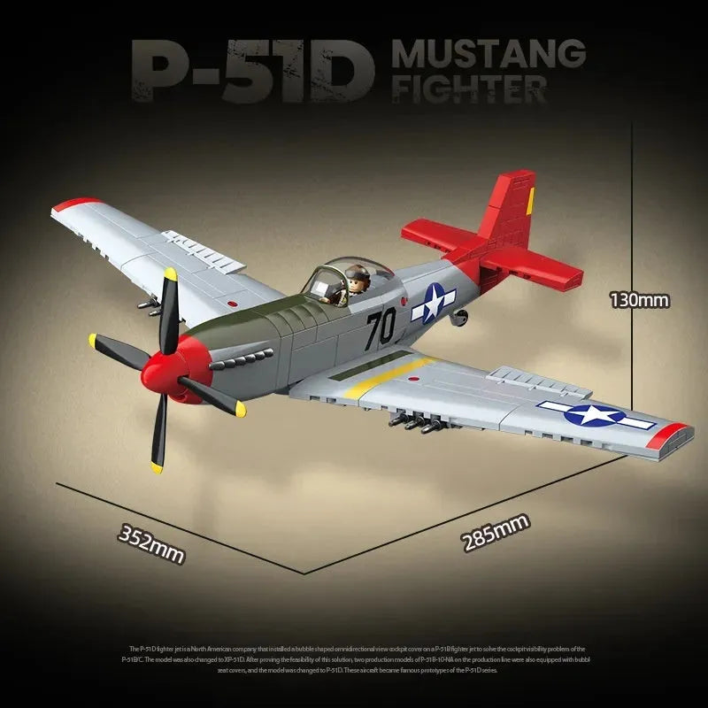 Building block airplane model of US military fighter Mustang P-510 made of plastic bricks for children aged 7-14
