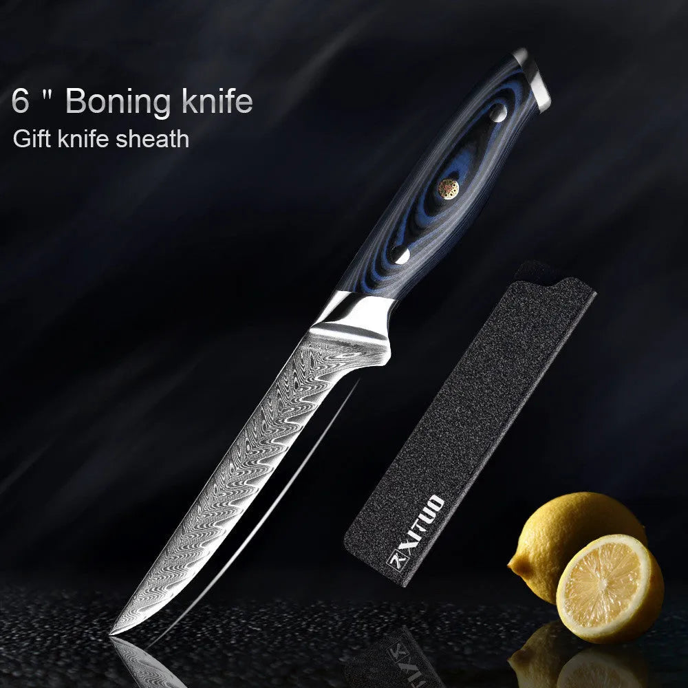 4-piece Damascus knife set with chef knife, Santoku knife, boning knife, peel knife in blue G10 handle