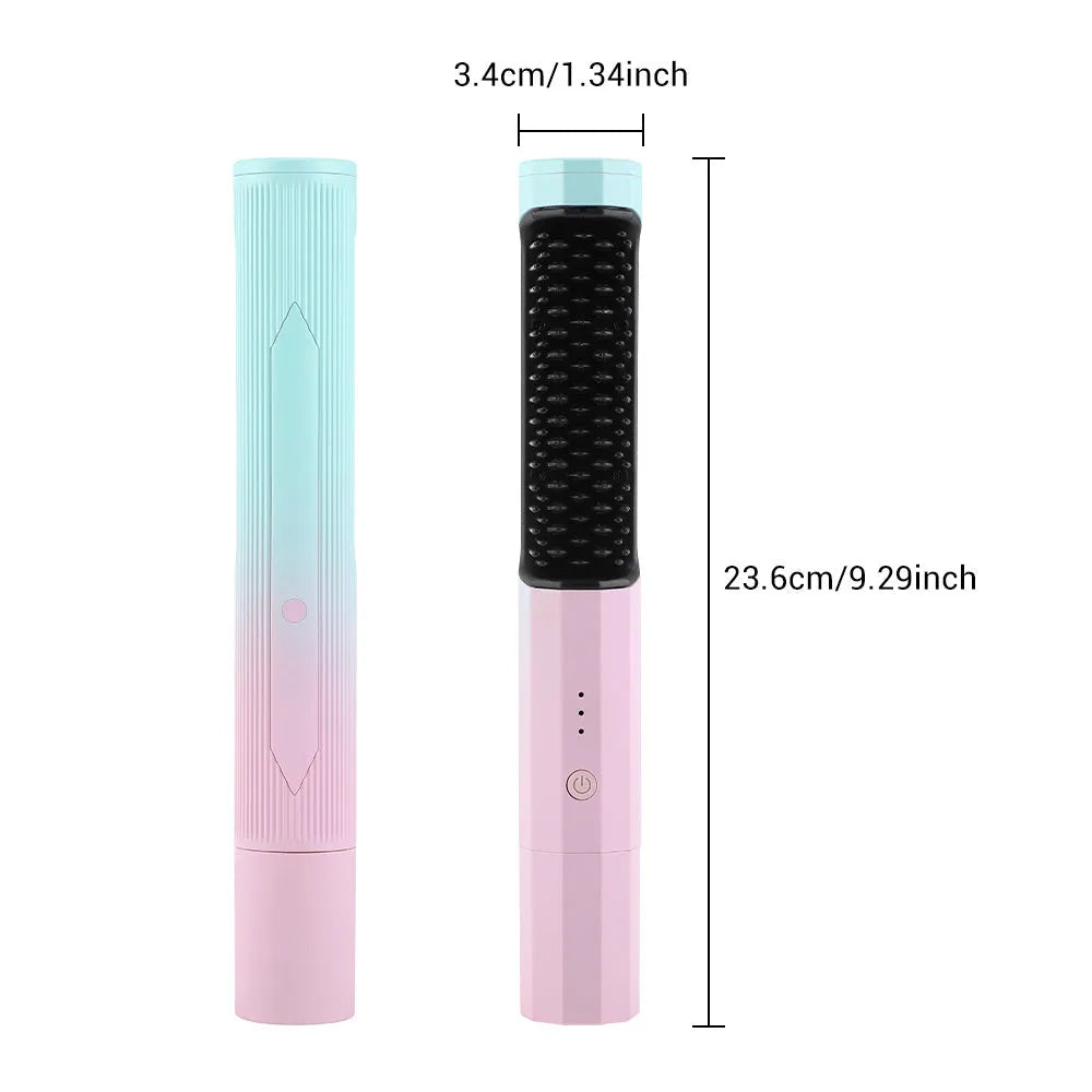 Pink cordless hair straightening comb with USB charging port and heat-insulating comb teeth.