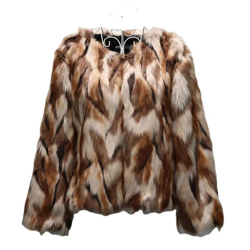 Women's slim-fitting Korean-style faux fur coat in artificial fox fur fabric.