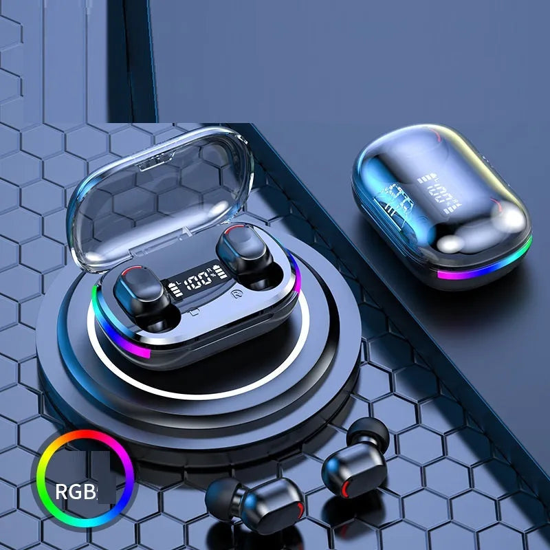 Wireless black Bluetooth sports earbuds with touch controls shown in a charging case.