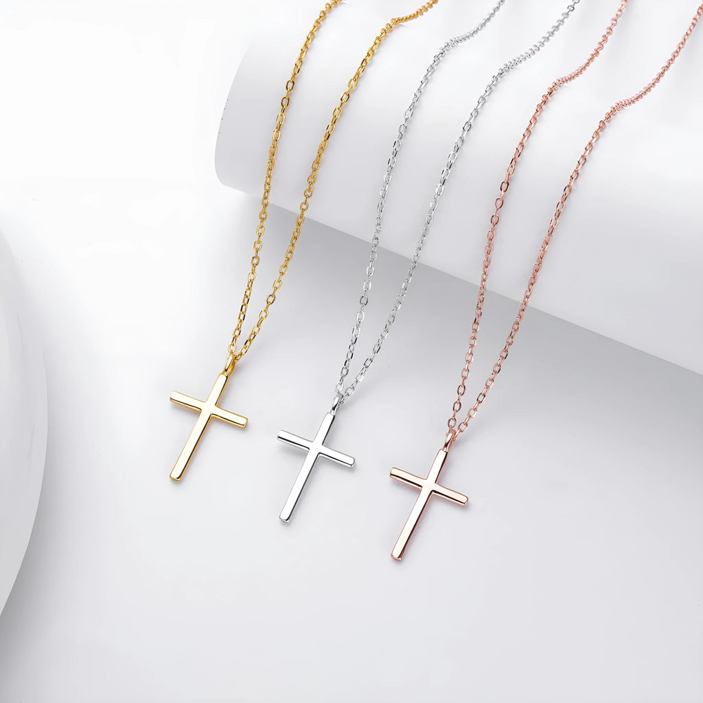 S925 sterling silver cross pendant necklace on an O-shaped chain in a gold electroplated finish.