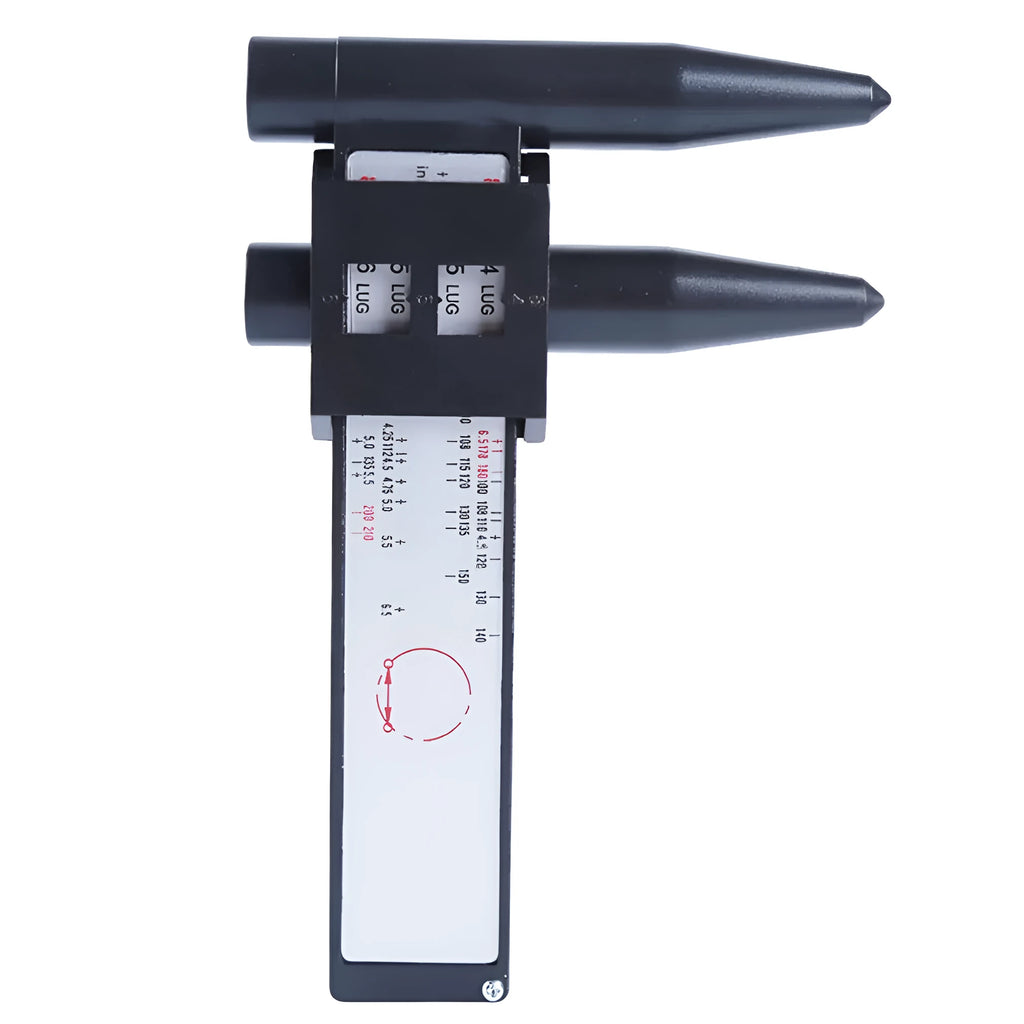Plastic digital hole distance measuring ruler for wheel hub bolt patterns, showing digital display.