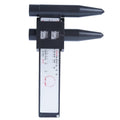 Plastic digital hole distance measuring ruler for wheel hub bolt patterns, showing digital display.