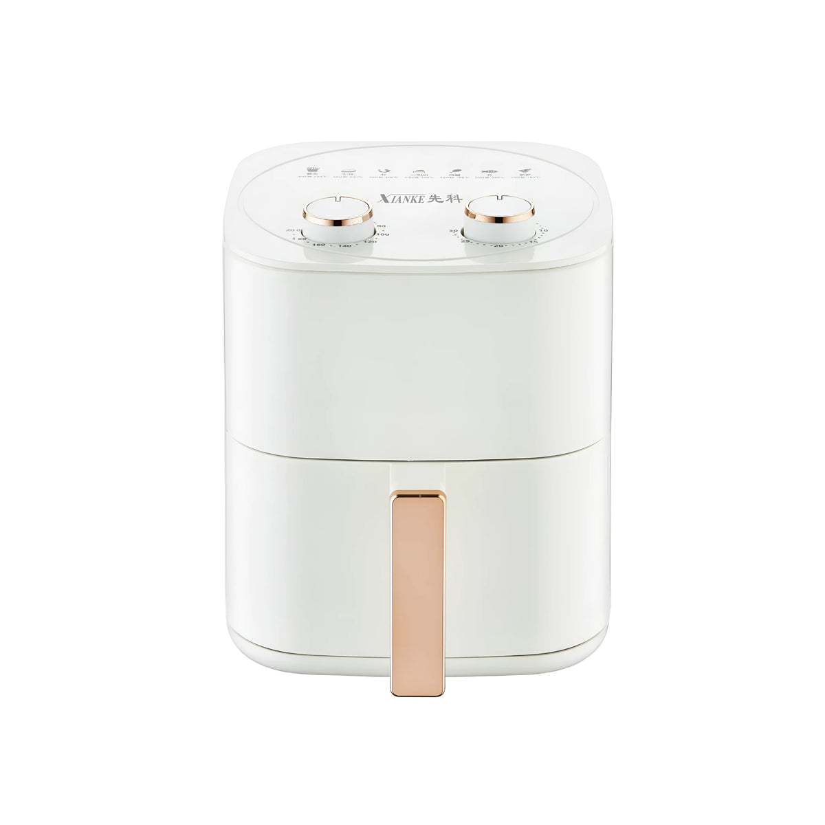 White air fryer with UK plug on a kitchen countertop, compact design with adjustable temperature control.