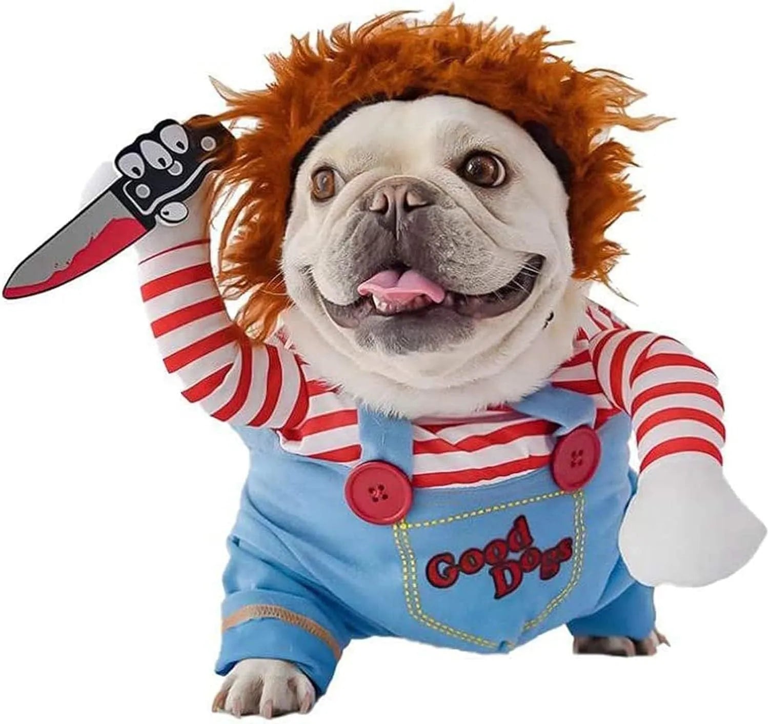 Striped Halloween harness pants costume set for dogs and cats with knife accessory in sizes S M L XL