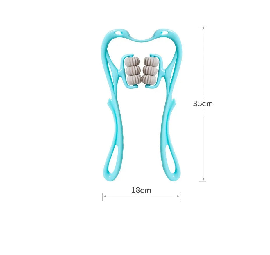 Blue swan-shaped manual six-wheel neck massager with rotating balls and a white crystal jade scraping board on a table.