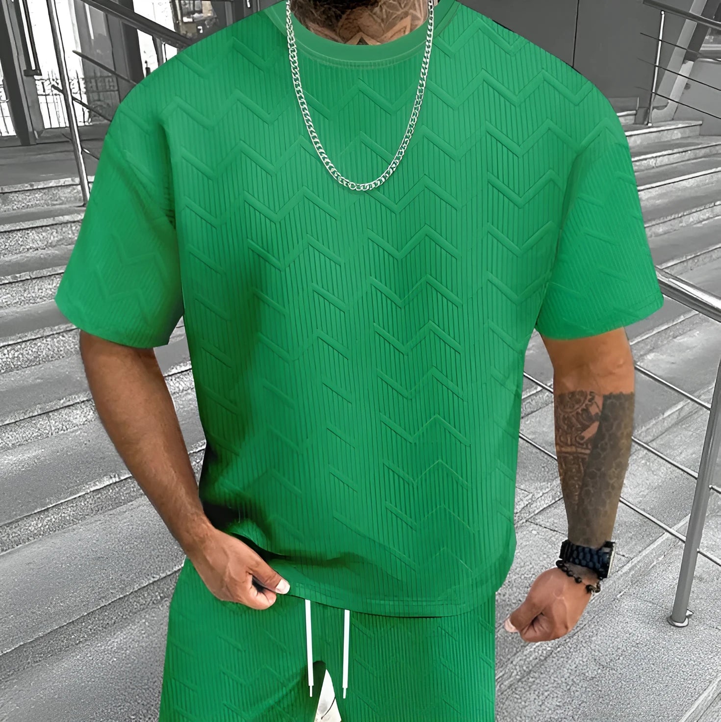 Men's short sleeve shorts suit with 3D printed pattern in polyester blend fabric