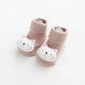 Baby socks with non-slip soles in combed cotton, shown in multiple colour options with size chart