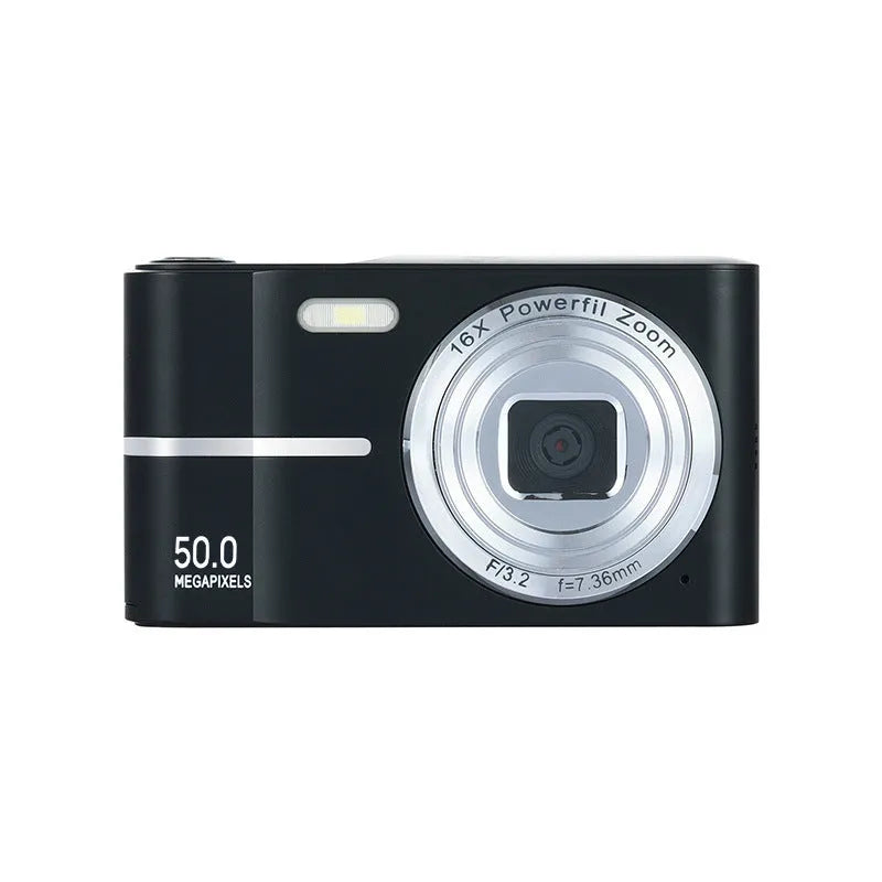 Compact HD 4K digital student camera in black, green, pink, or white with a lanyard and charging cable.