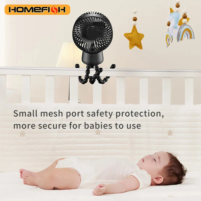 HOMEFISH F2 automatic shake head portable fan with LED light and removable bracket.