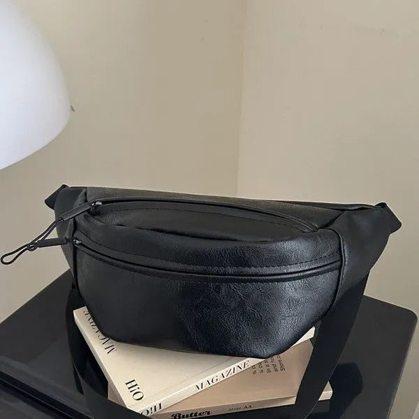 Women's all-match shoulder messenger bag in PU with stitching details, available in black and brown