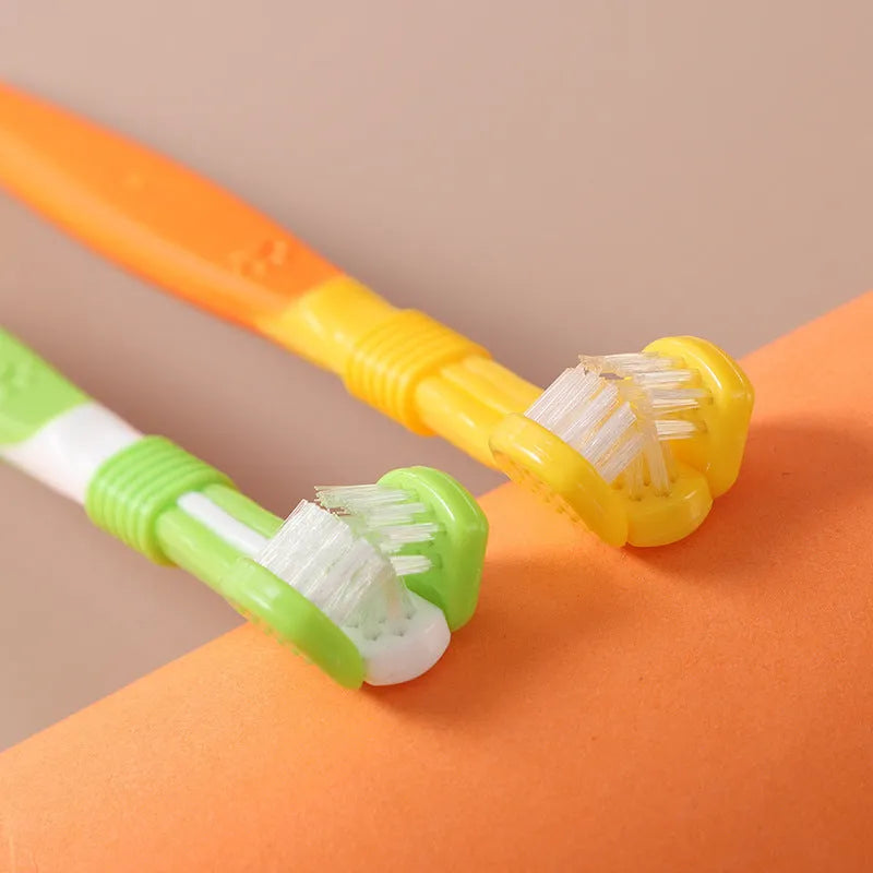 Pet toothbrush with angled handle and soft nylon bristles in multiple colour options for dog and cat dental care