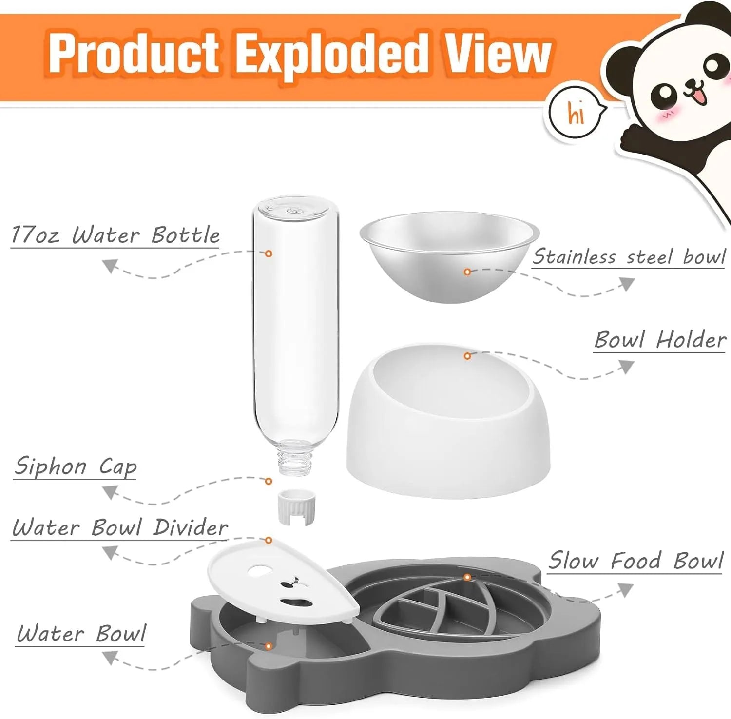 Grey panda-shaped tilted pet feeder with stainless steel bowls and a large automatic water bottle on a wide base.