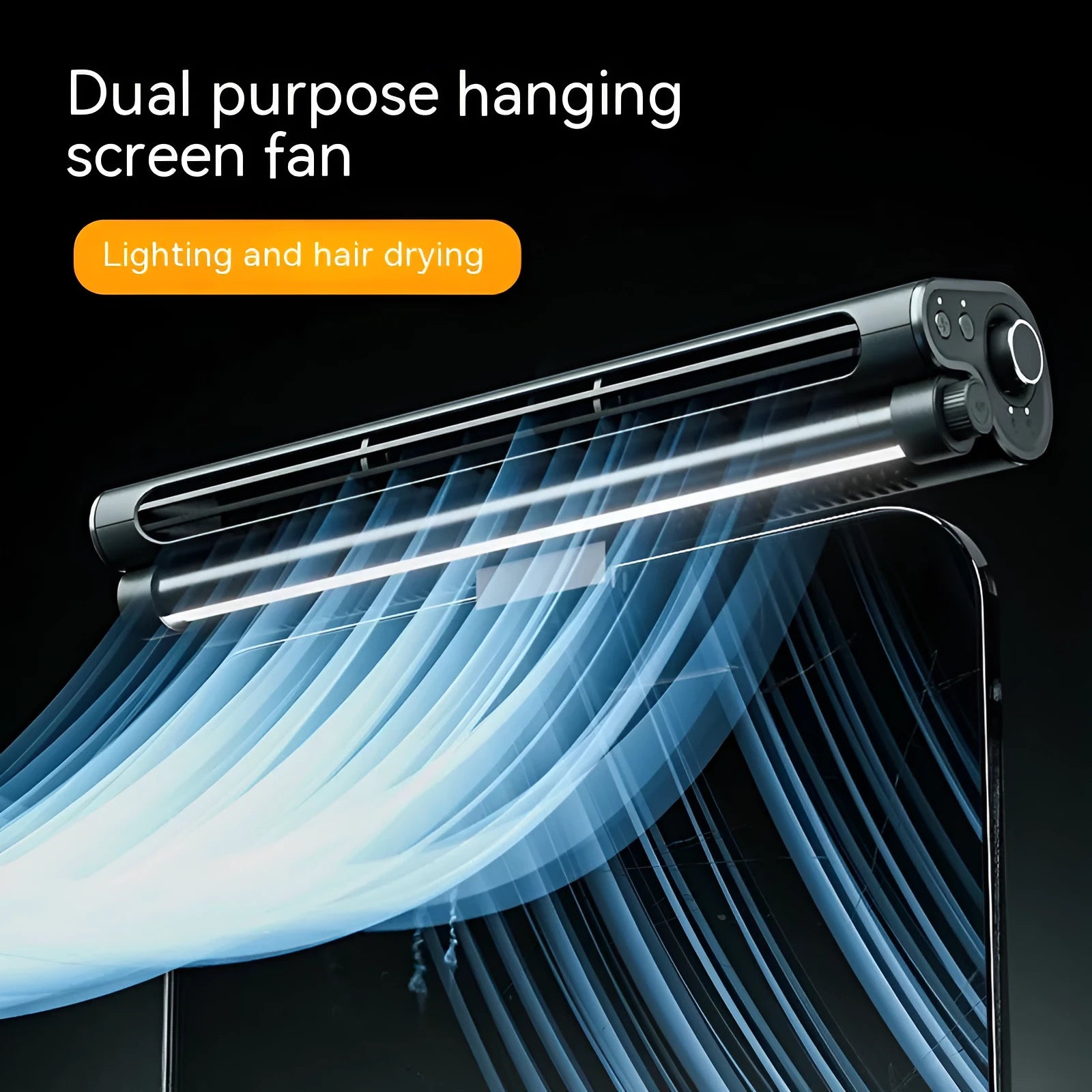 Black USB-powered bladeless fan with a screen clamp and integrated eye-protection lamp for computer desks.