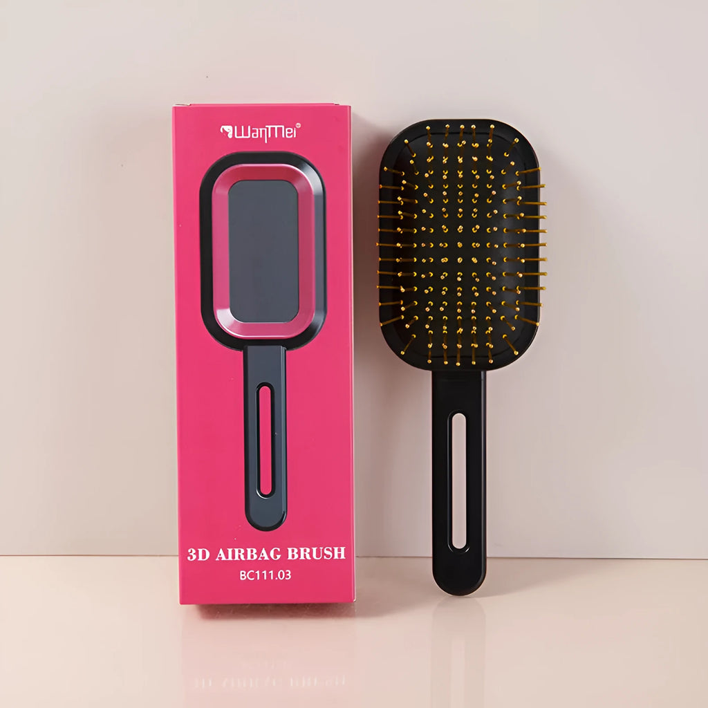 3D air cushion comb with ABS steel needles in boxed gift packaging, over 20cm length, black handle with pink ring