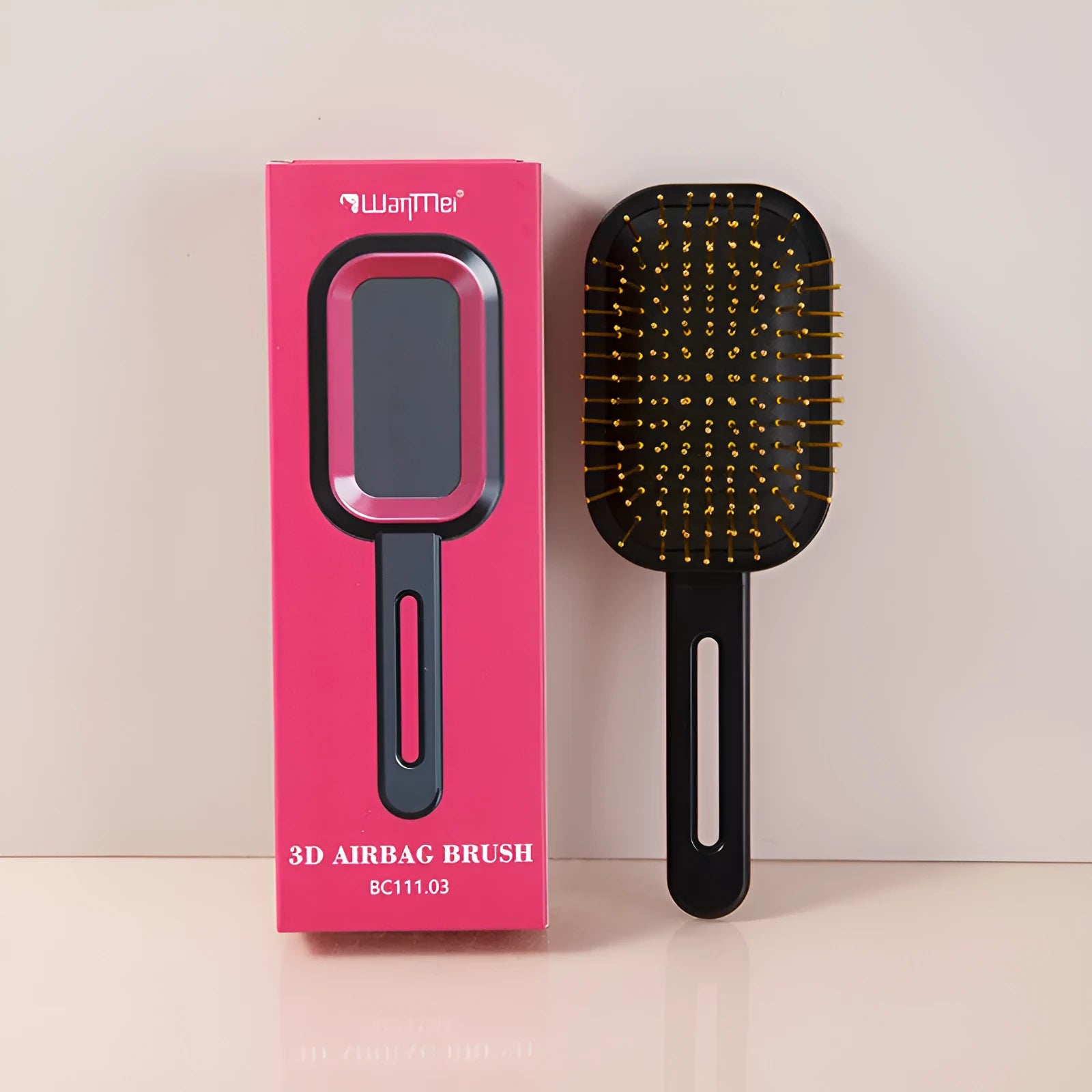 3D air cushion comb with ABS steel needles in boxed gift packaging, over 20cm length, black handle with pink ring