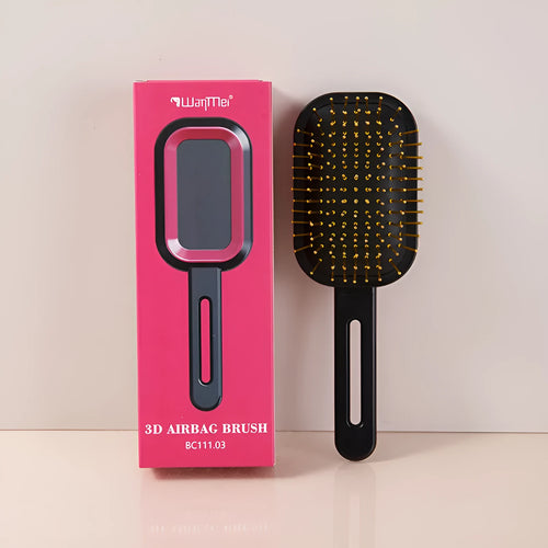 3D air cushion comb with ABS steel needles in boxed gift packaging, over 20cm length, black handle with pink ring