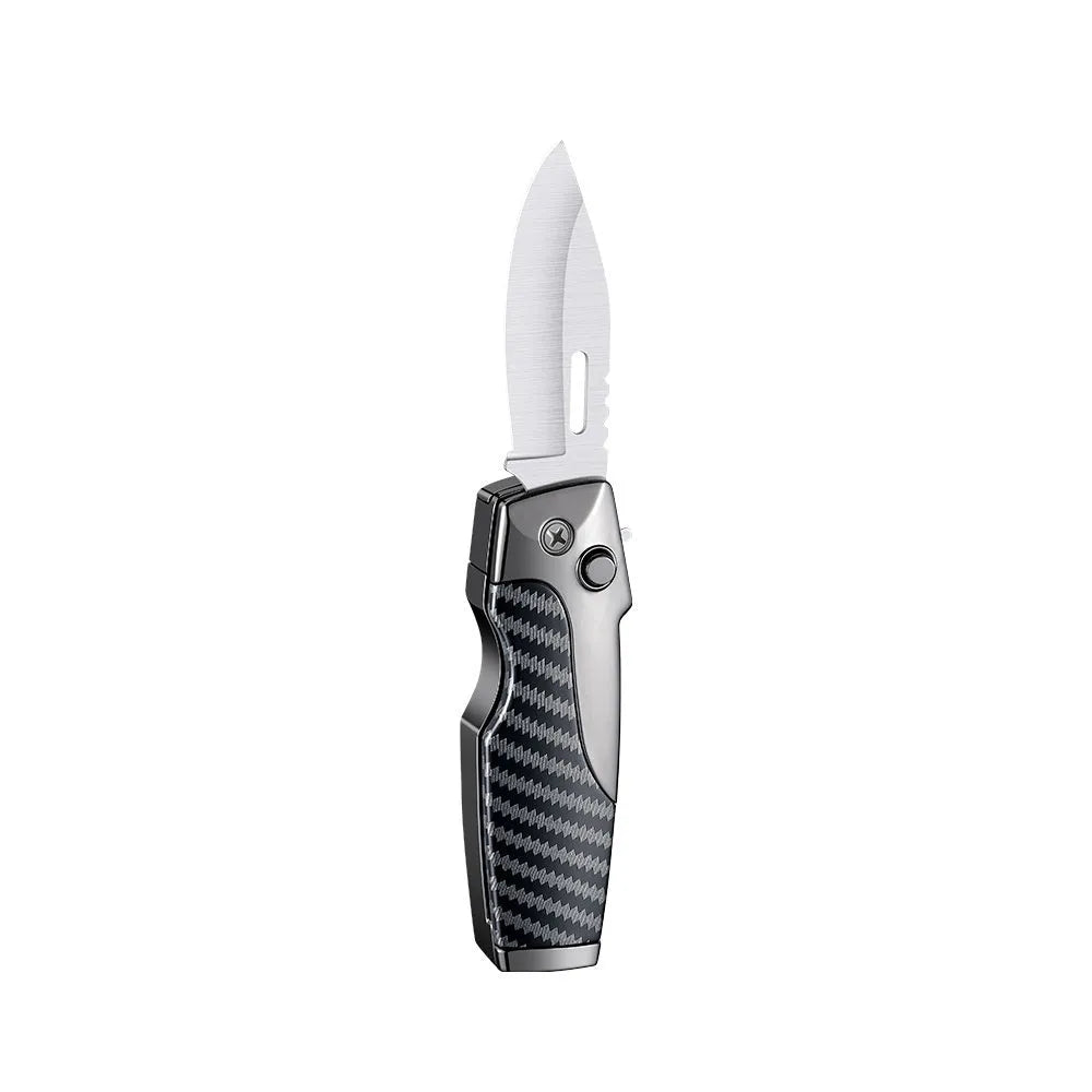 Zinc alloy metal folding lighter with straight jet flame and integrated knife in multiple finish options